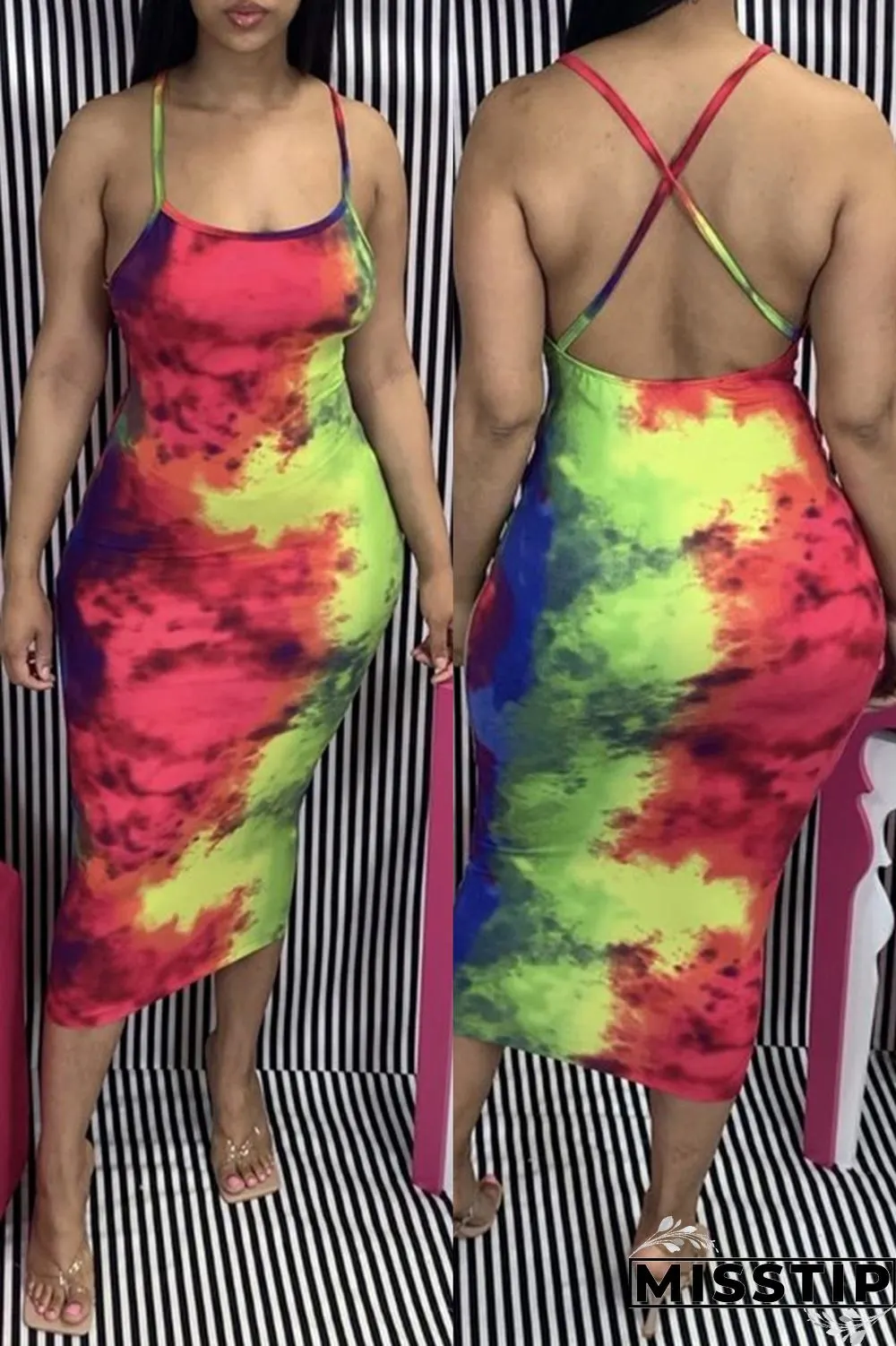Multi Fashion Sexy Spaghetti Strap Sleeveless Spaghetti Strap Printed Dress Mid Calf Print Dresses