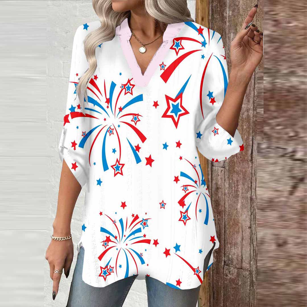 Women  Independence Day, Star, Striped, Blue, Red DZGA0235 3/4 Sleeve V-neck Printed Graphic Button Tops