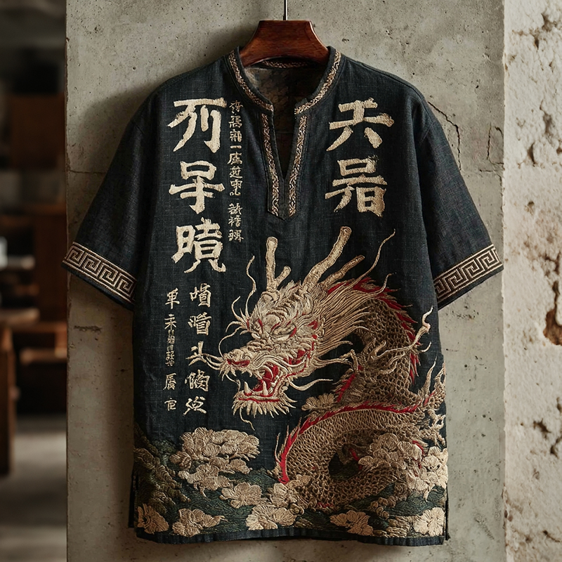 Men's Japanese Dragon And Calligraphy Art Short Sleeve Linen Blend Shirt elevenforest