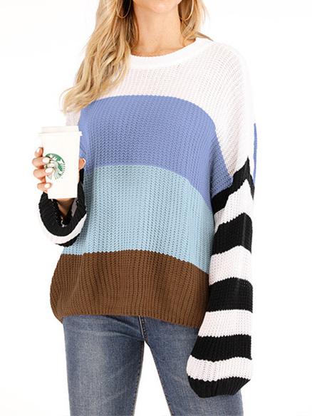 Women's Long Sleeve Scoop Neck Striped Stitching Loose Sweater Top