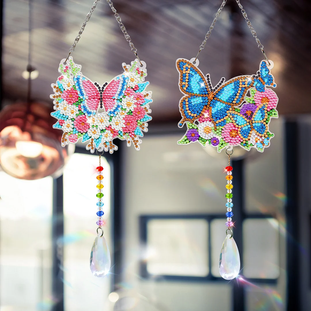 2Pcs Flowers and Butterflies DIY Acrylic Diamond Painting Art Wind Chimes with Crystal Pendant Diamond Art Hanging Pendant Double-Sided for Adults Beginners Gift Home Garden Decor