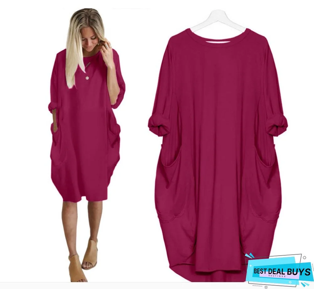 Women's Casual Loose Pocket Long-Sleeved Plus-Size Dress