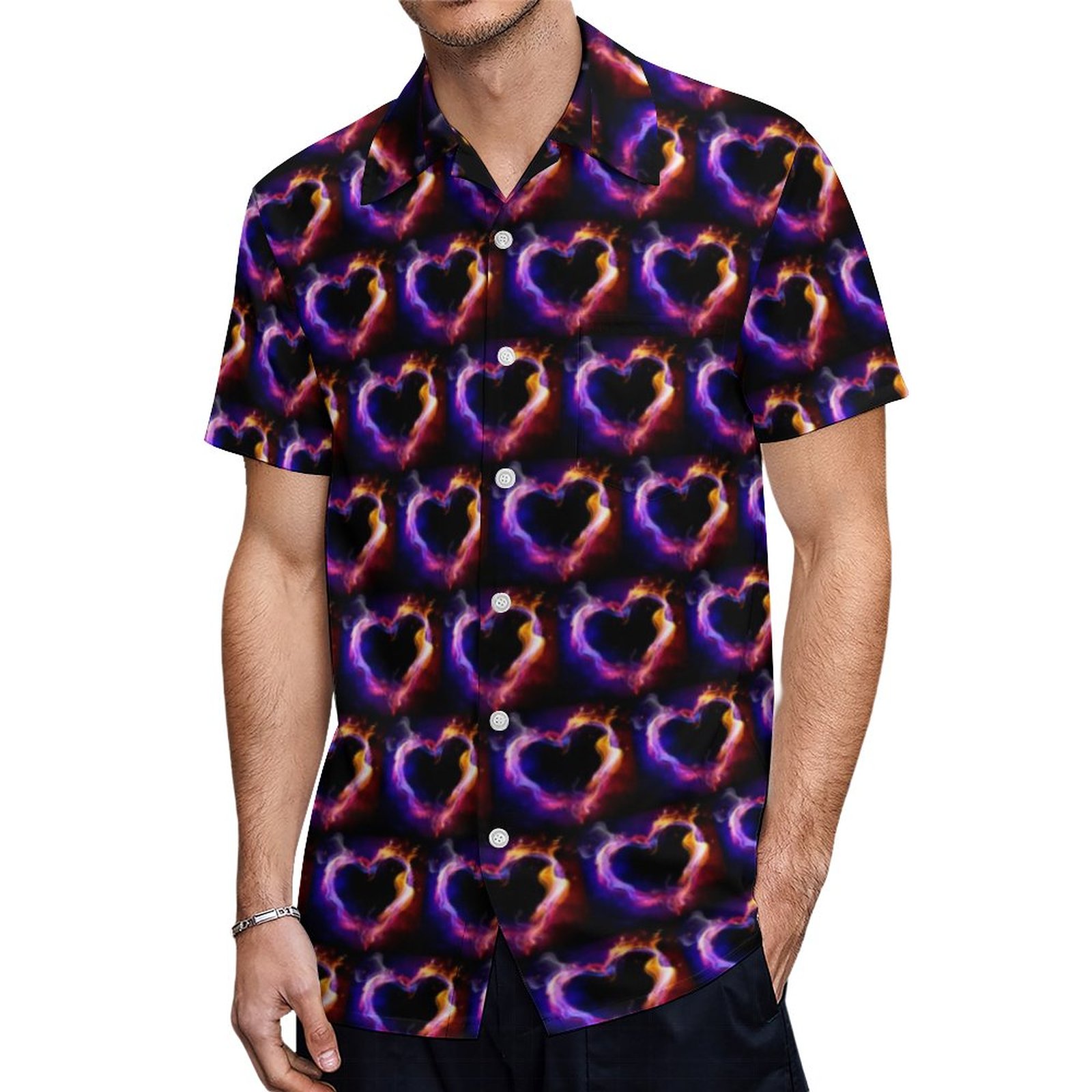 Valentines Day Flaming Rainbow Heart Hawaiian Shirt Mens Button Down Plus Size Tropical Hawaii Beach Shirts