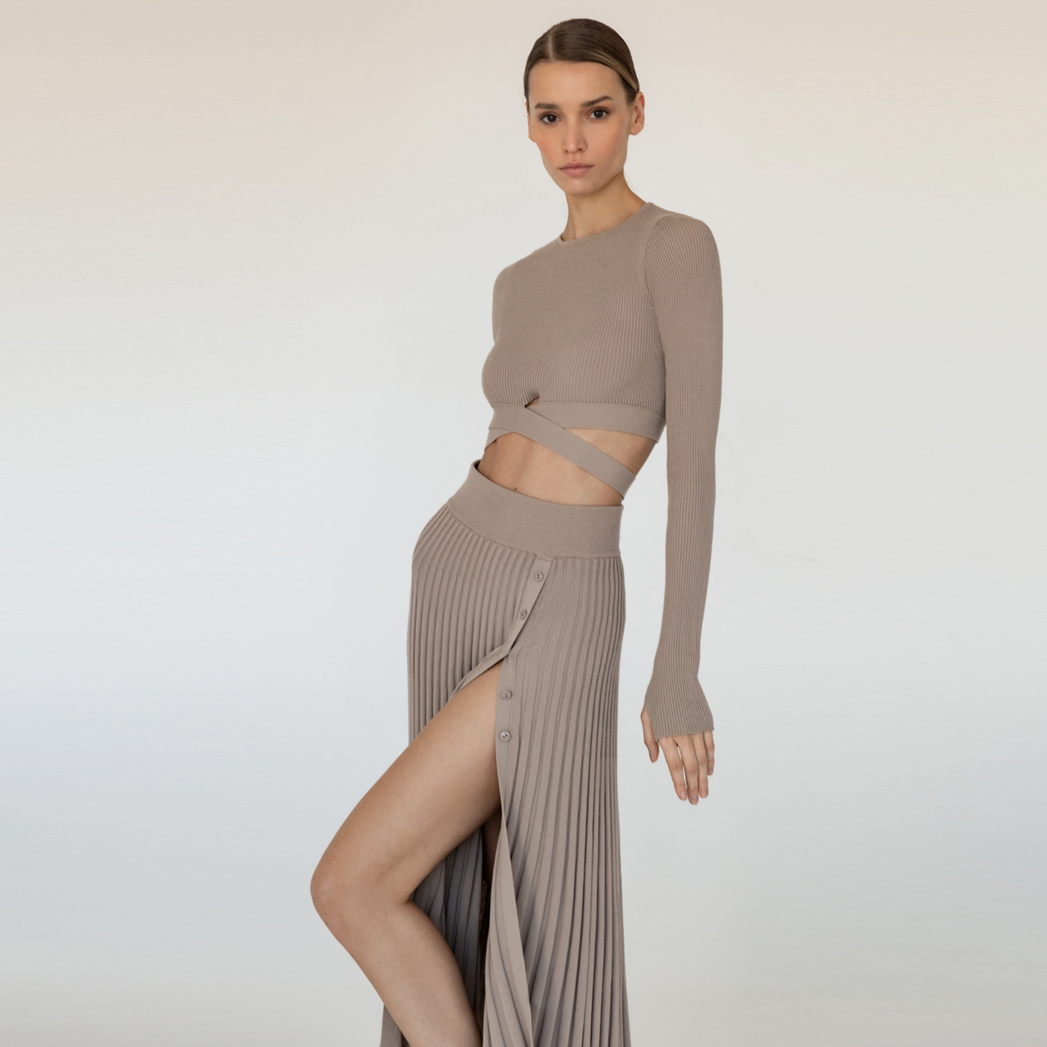 Ootddress New White Knit Two Piece Women Sets Fall Ribbed Crop Top And Pleated Knitted Skirt Suits For Women Midi Dress Sets 2025