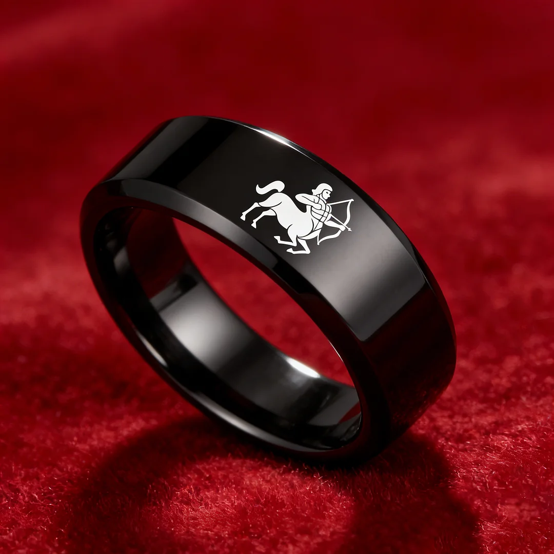 Beveled Edges Black Laser Etched Tungsten Carbide Bands Black Sagittarius Couple Wedding Rings 4MM 6MM 8MM Width