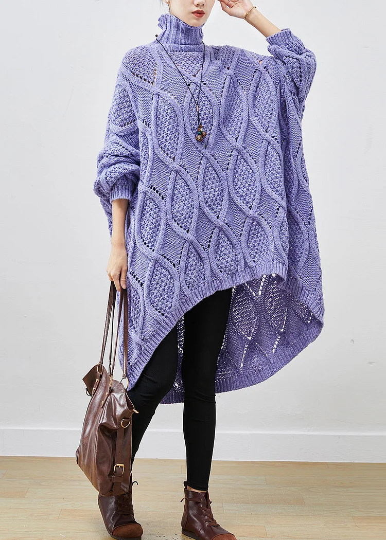 French Purple Turtle Neck Low High Design Cable Long Knit Dress Winter