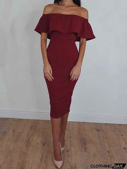 Sexy Off The Shoulder Flounce Solid Color Dress