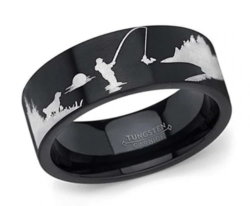 Women's Or Men's Fisherman's Ring Fishing Wedding Band Rings,Black Tungsten Carbide Bands with Etched Trout Lake Fly Fishing Outdoor Scenery Ring With Mens And Womens For Width 4MM 6MM 8MM 10MM