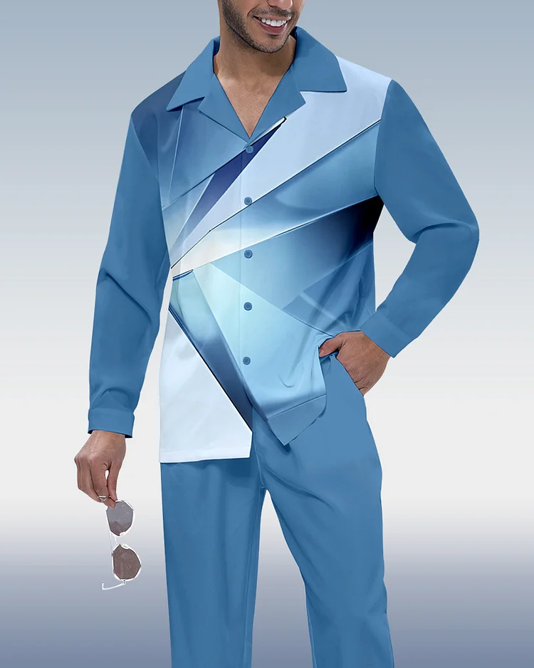 Men's Color Block Printed Long Sleeve Shirt Walking Suit 436