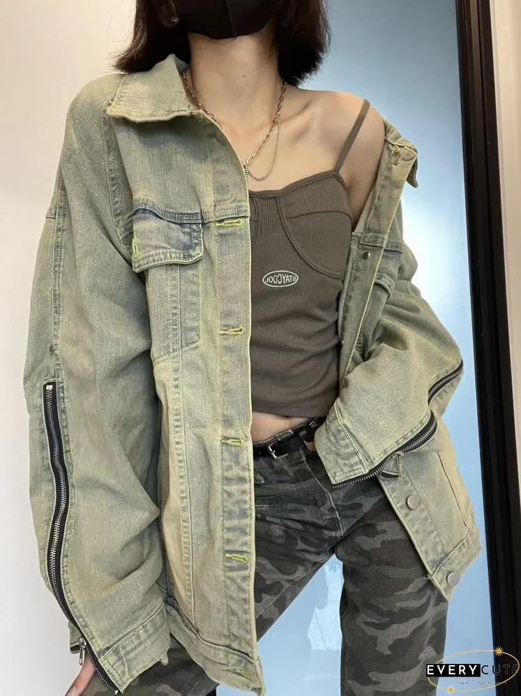 Streetwear Green Jeans Jackets Women Long Sleeve Korean Style Ladies Denim Coat Outwear