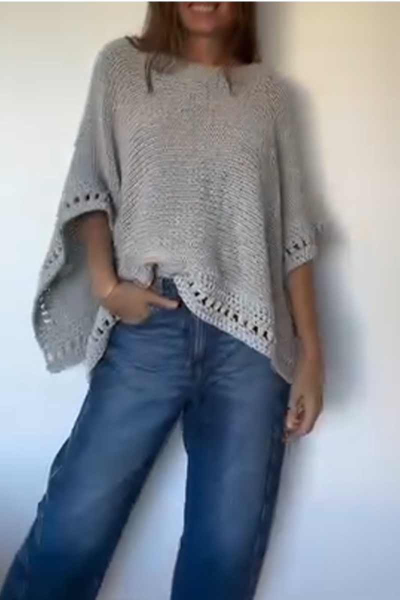 Γυναικείο πλεκτό casual μπλουζάκι με στρογγυλή λαιμόκοψη και κοίλο ντεκολτέ