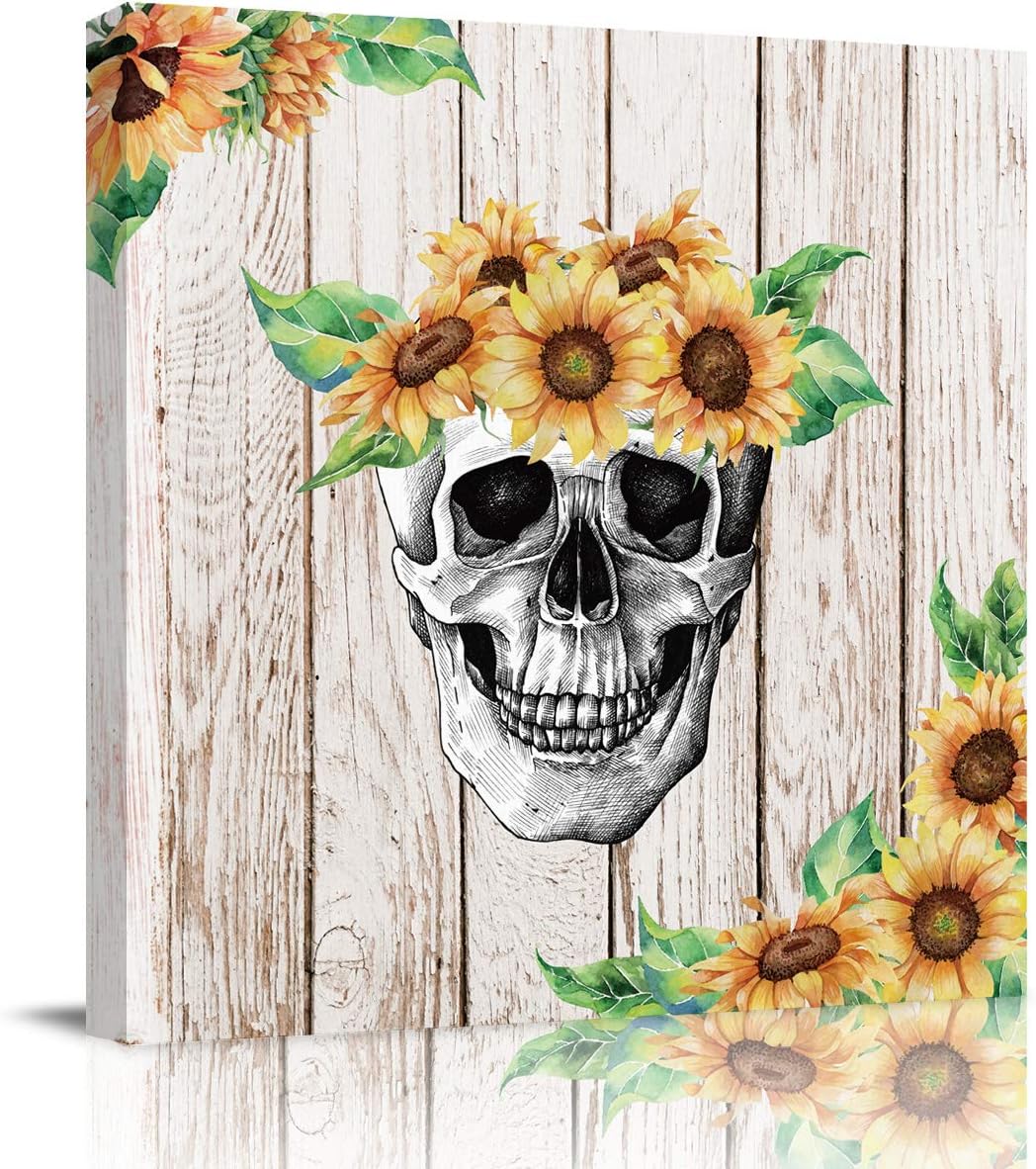 Wall Art 12x12in, Wall Decor Canvas Wall Art for Office Decor Living Room Decor Bathroom Decor, Sunflowers and Skull on Wood Canvas Prints, Aesthetic Room Decor Framed Wall Art 12x12in