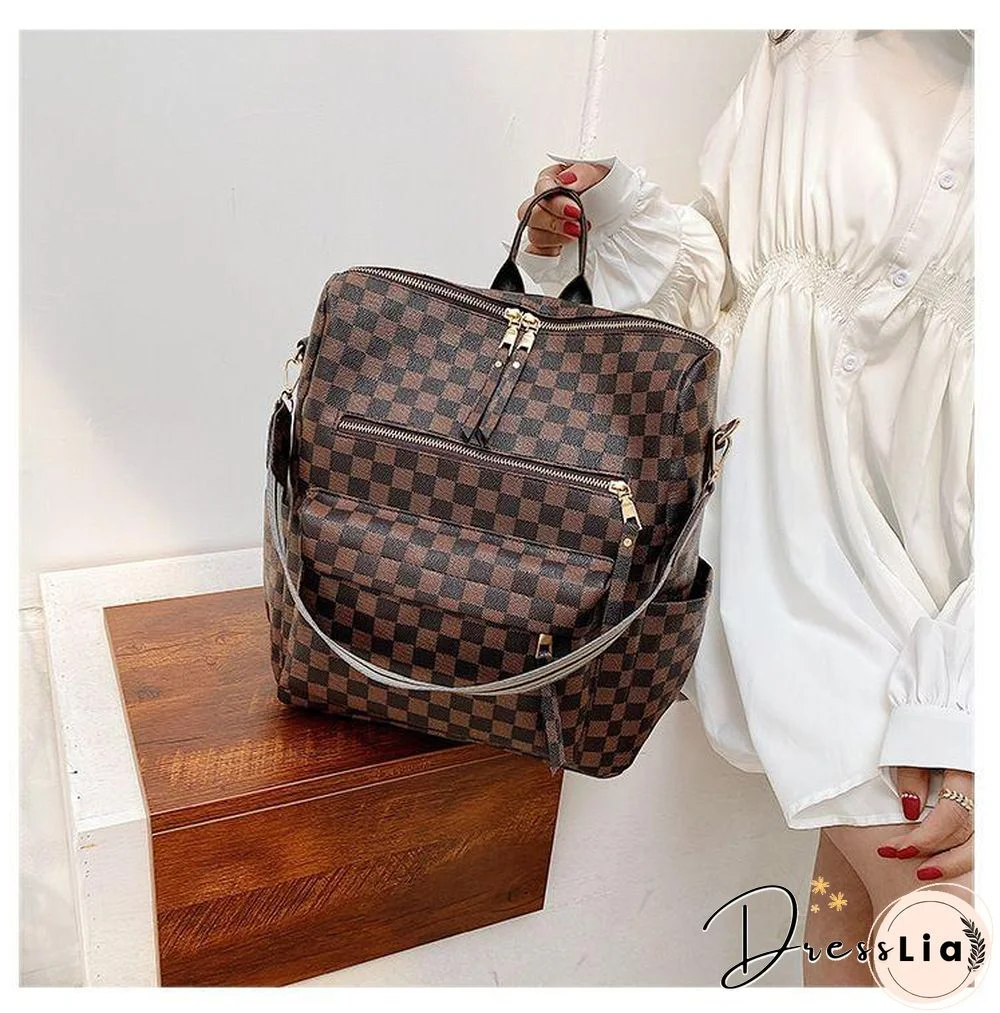Retro Faux Leather Check Pattern Print Rucksack Vegan Backpack Tote