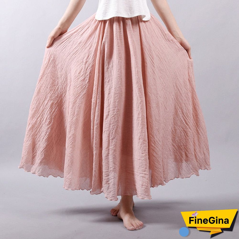 Women Linen Cotton Long Skirts Elastic Waist Pleated Maxi Skirts Beach Boho Vintage Summer Skirts Faldas Saia