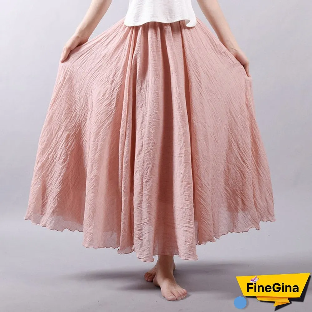 Women Linen Cotton Long Skirts Elastic Waist Pleated Maxi Skirts Beach Boho Vintage Summer Skirts Faldas Saia