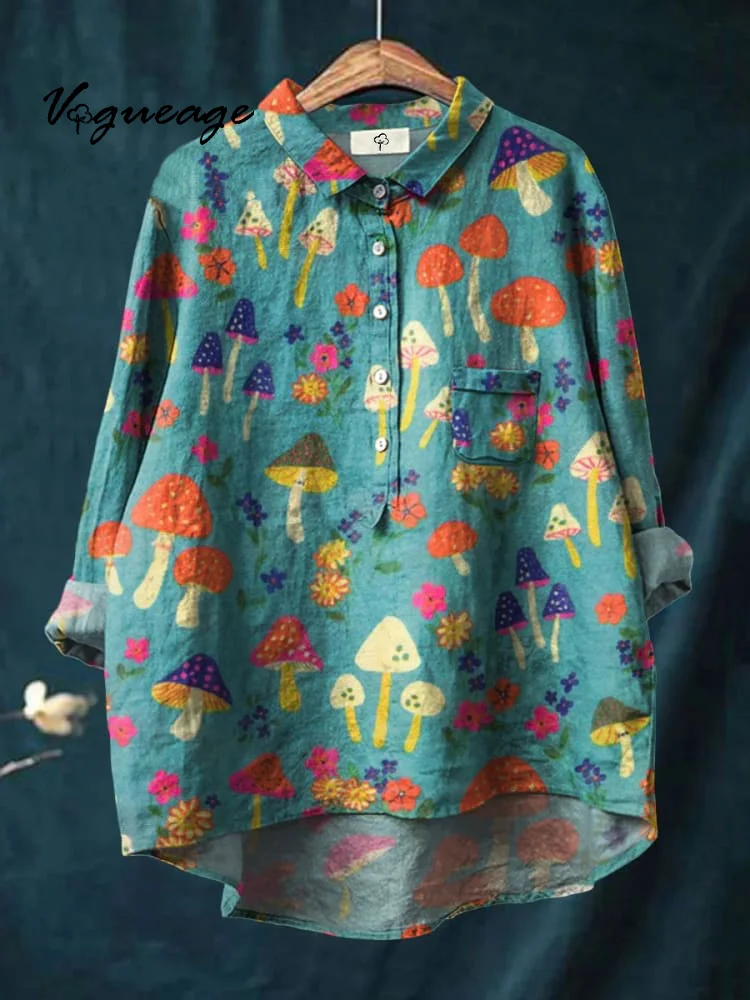 Simple Cute Casual Colorful Mushroom Print Cotton And Linen Shirt