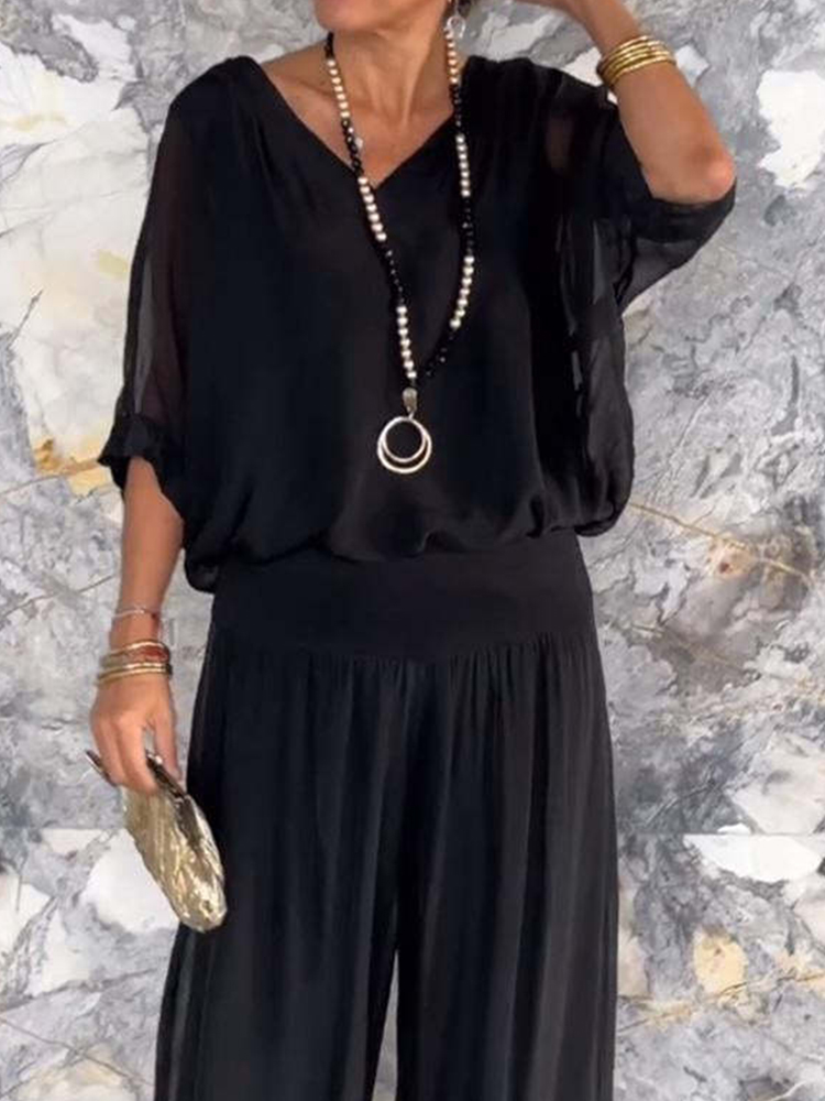Comstylish Fashion Solid Color Chiffon Casual Two Piece Set