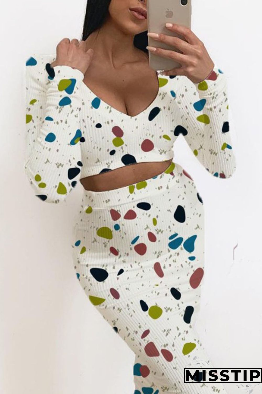 Pink Gray Casual Print Patchwork V Neck Long Sleeve Two Pieces