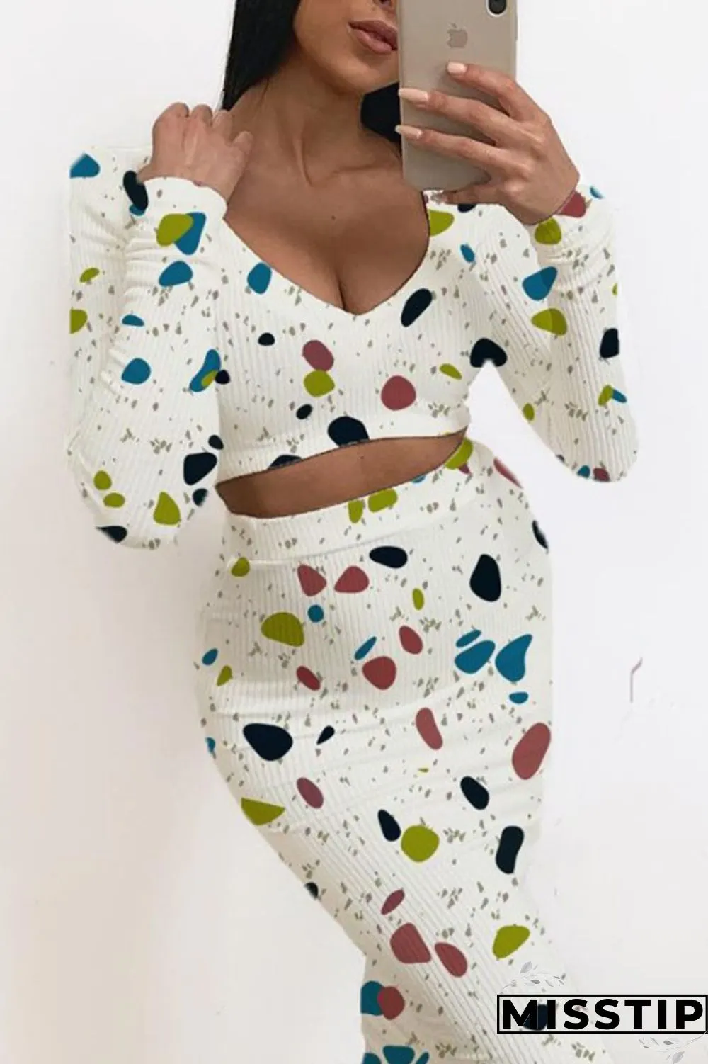 Pink Gray Casual Print Patchwork V Neck Long Sleeve Two Pieces