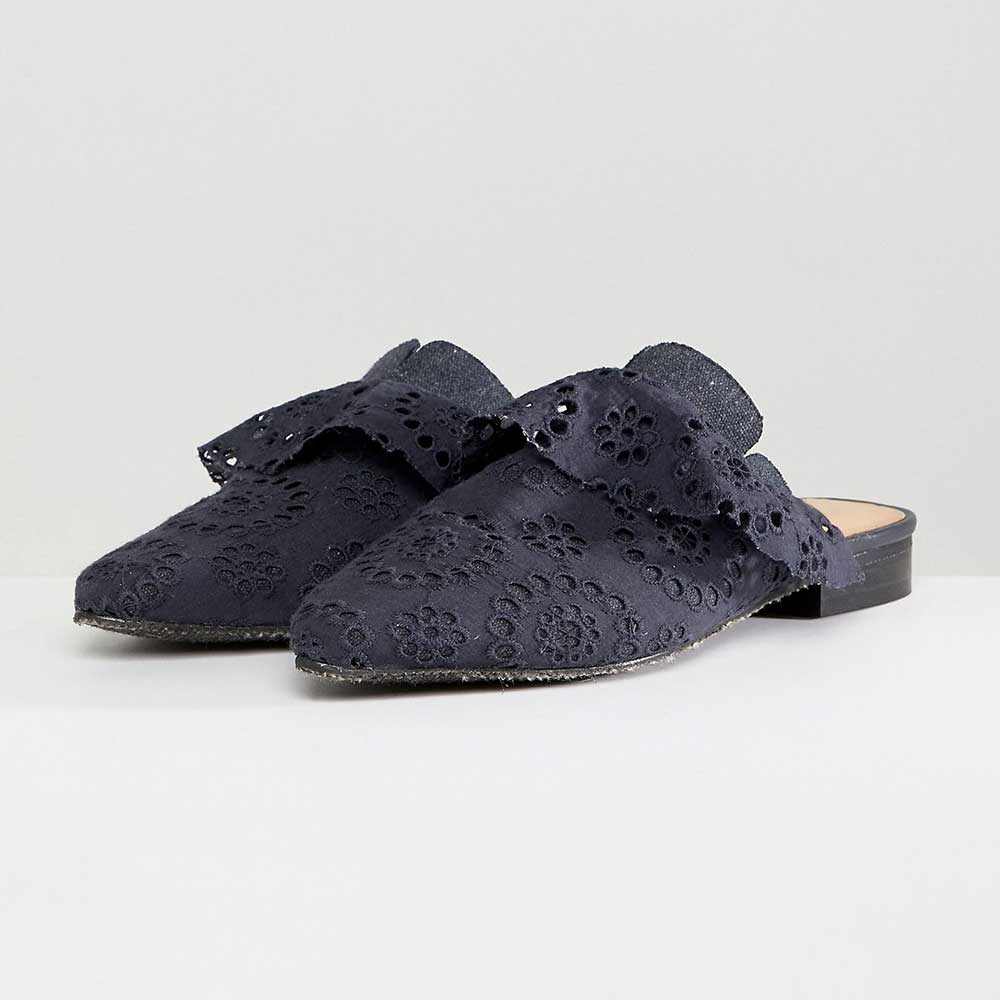 Navy Almond Toe Flat Cut-Out Lace Mule Loafers for Women Nicepairs