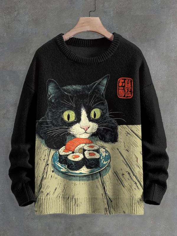 Men's Cat And Sushi Japanese Art Print Knit Sweatshirt
