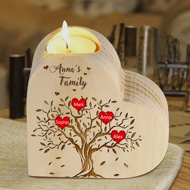 To My Family Wooden Heart Candle Holder Custom 4 Names Family Tree Candlesticks
