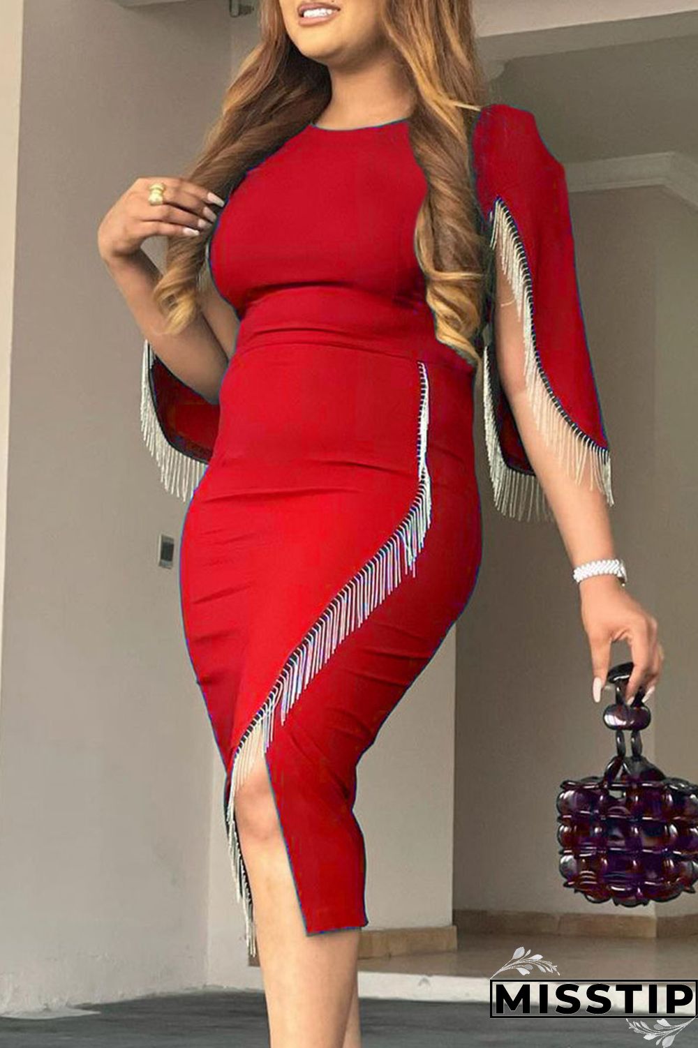 Blue Elegant Solid Tassel Patchwork Asymmetrical O Neck Dresses