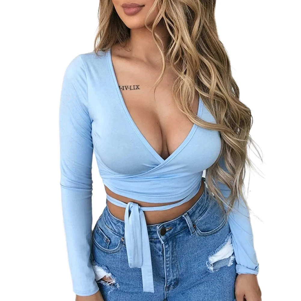 Sexy Solid Long Sleeve T-Shirt Women Solid Crop Tops Fashion Female Bottoming Shirts Deep V Front Lace-up Skinny Tees