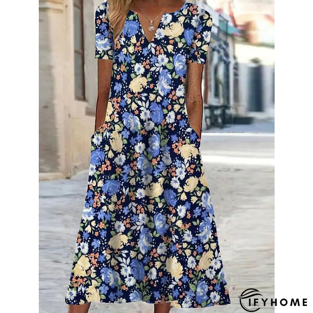 Women's Casual Dress Shift Dress Print Dress Floral Pocket Print V Neck Midi Dress Active Fashion Outdoor Vacation Short Sleeve Regular Fit Black Yellow Blue Spring Summer S M L XL XXL | IFYHOME