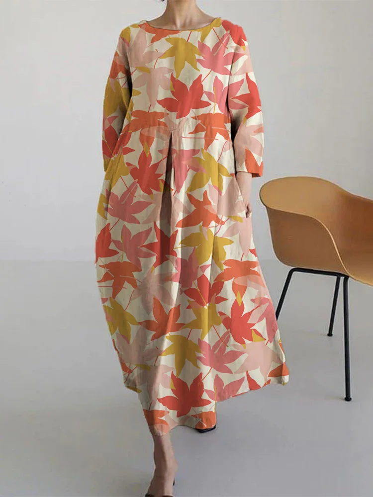 Women's Casual Maple Leaf Print Long Sleeve Midi Dress