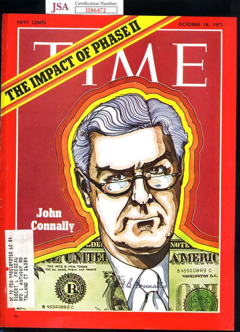 John Connally JSA Coa Hand Signed 8x10 Time Magazine Cover Photo Poster painting Autograph