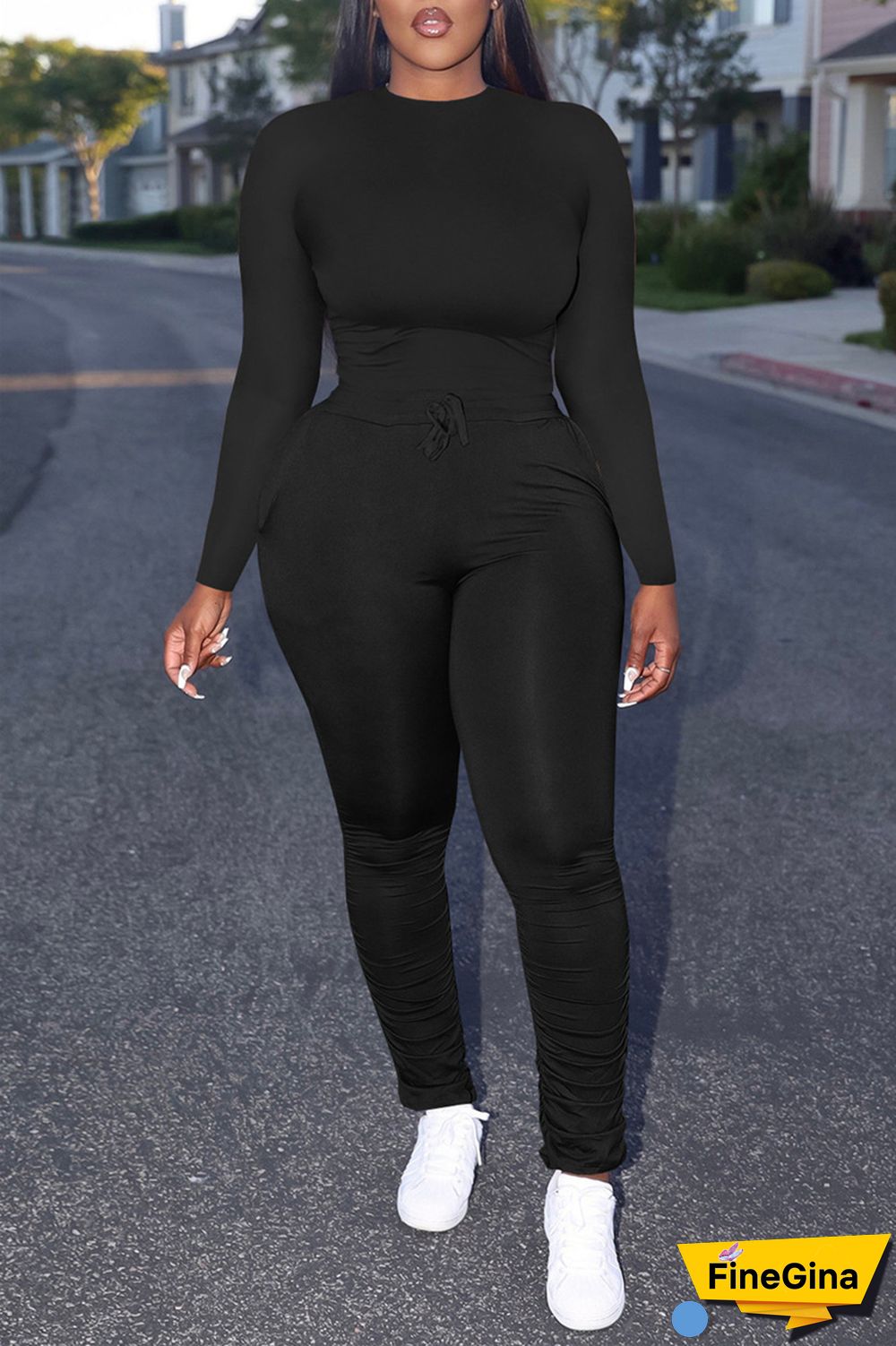 Yellow Casual Solid Basic O Neck Long Sleeve Two Pieces