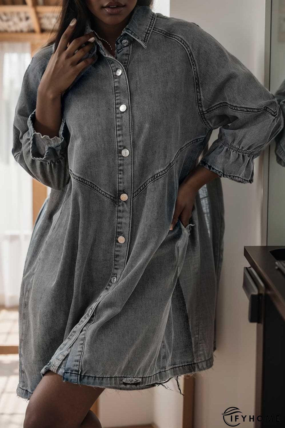 down loose short sleeve denim jean dress drop shoulder a line paneled peasant closed bateau v neck dress | IFYHOME