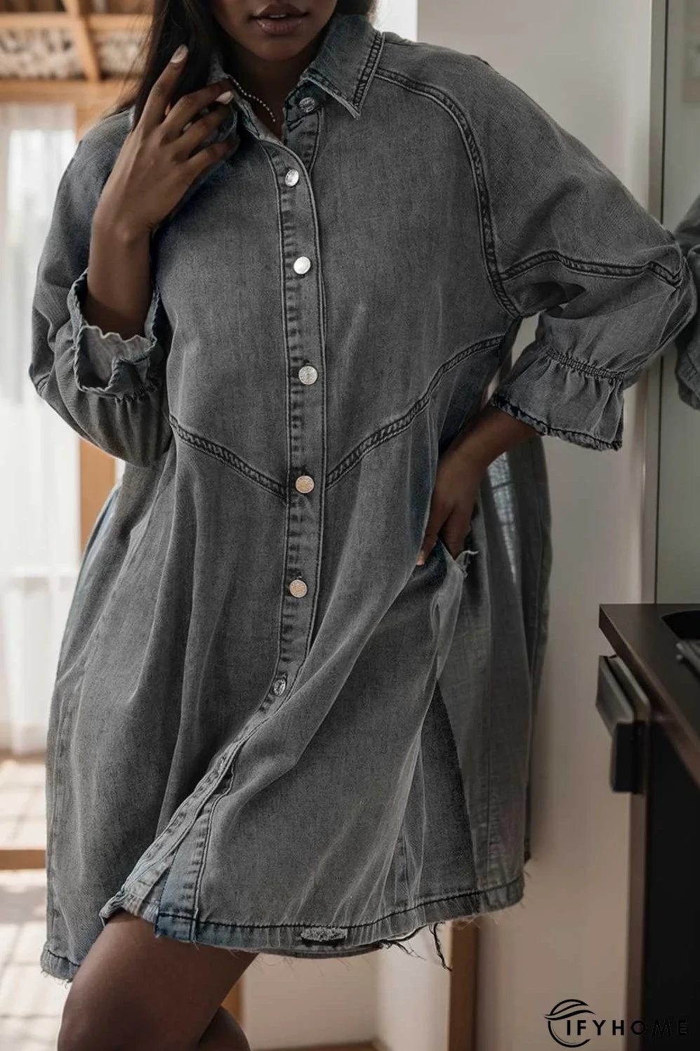 down loose short sleeve denim jean dress drop shoulder a line paneled peasant closed bateau v neck dress | IFYHOME