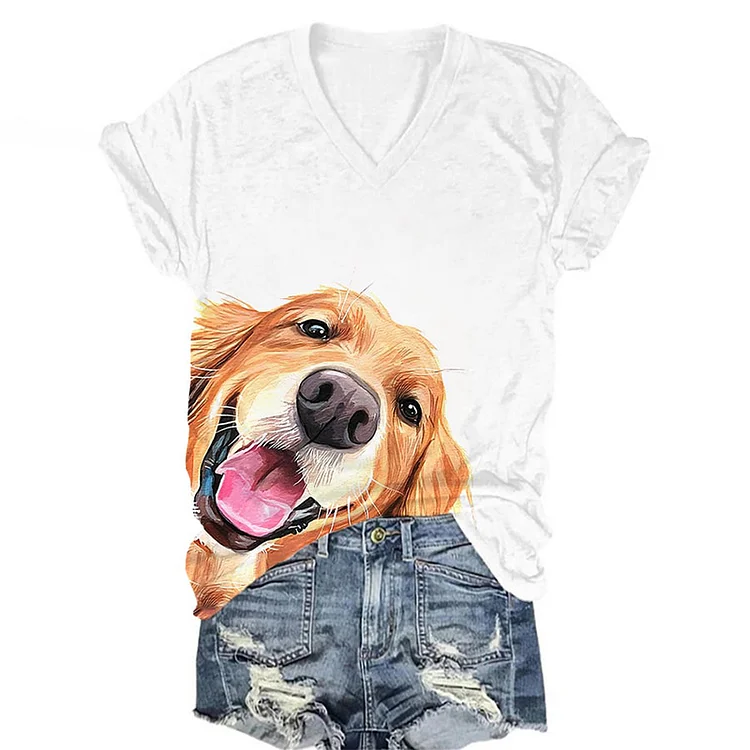 Cute Dog Print V-Neck T-Shirt
