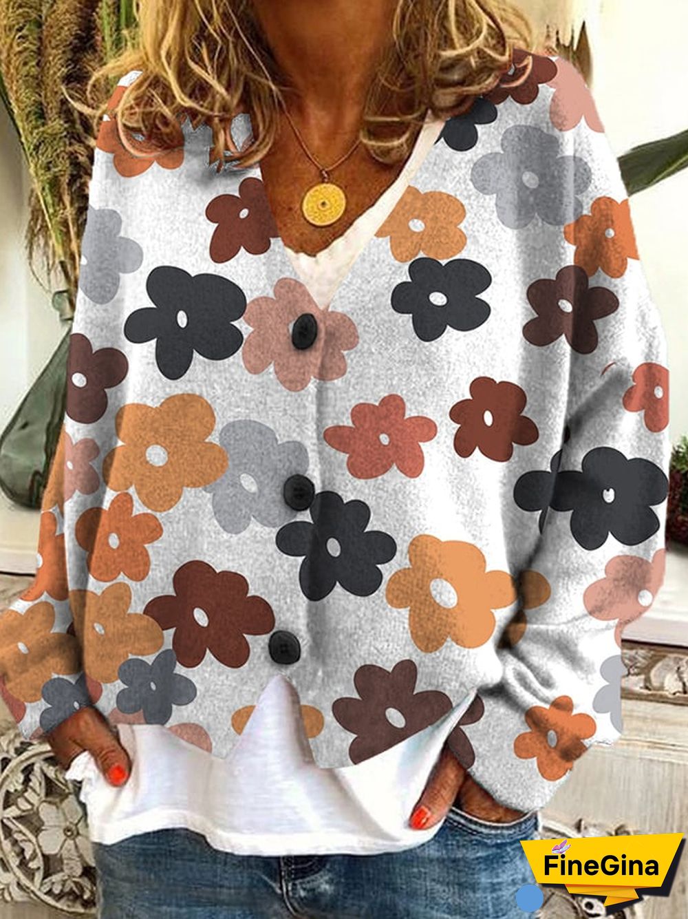 Floral Print Casual Button Flannel Cardigan