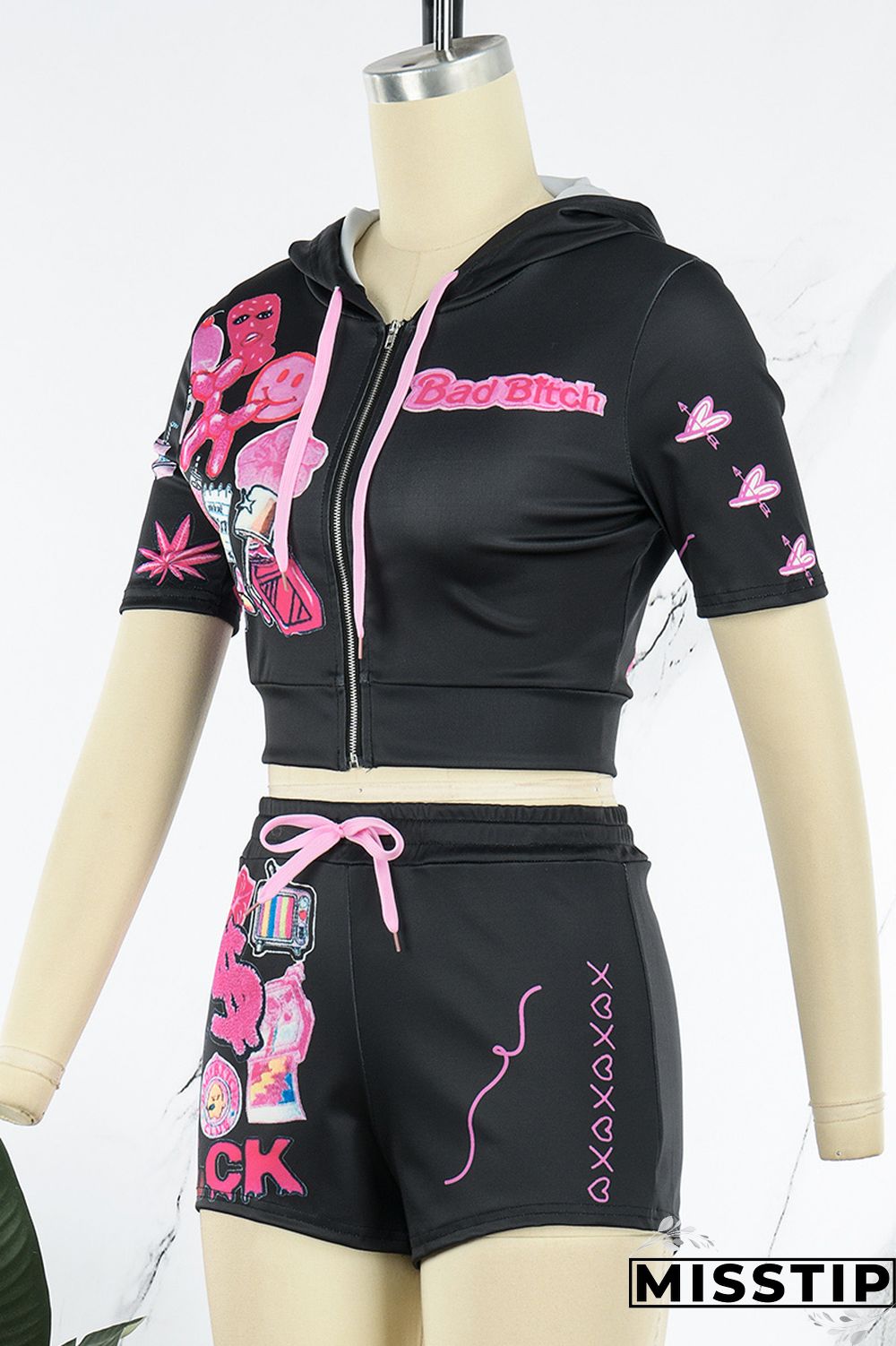 Green Casual Street Print Patchwork Zipper Hooded Collar Short Sleeve Two Pieces