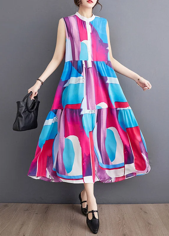 French Blue O-Neck Print Patchwork Wrinkled Chiffon Maxi Dresses Summer