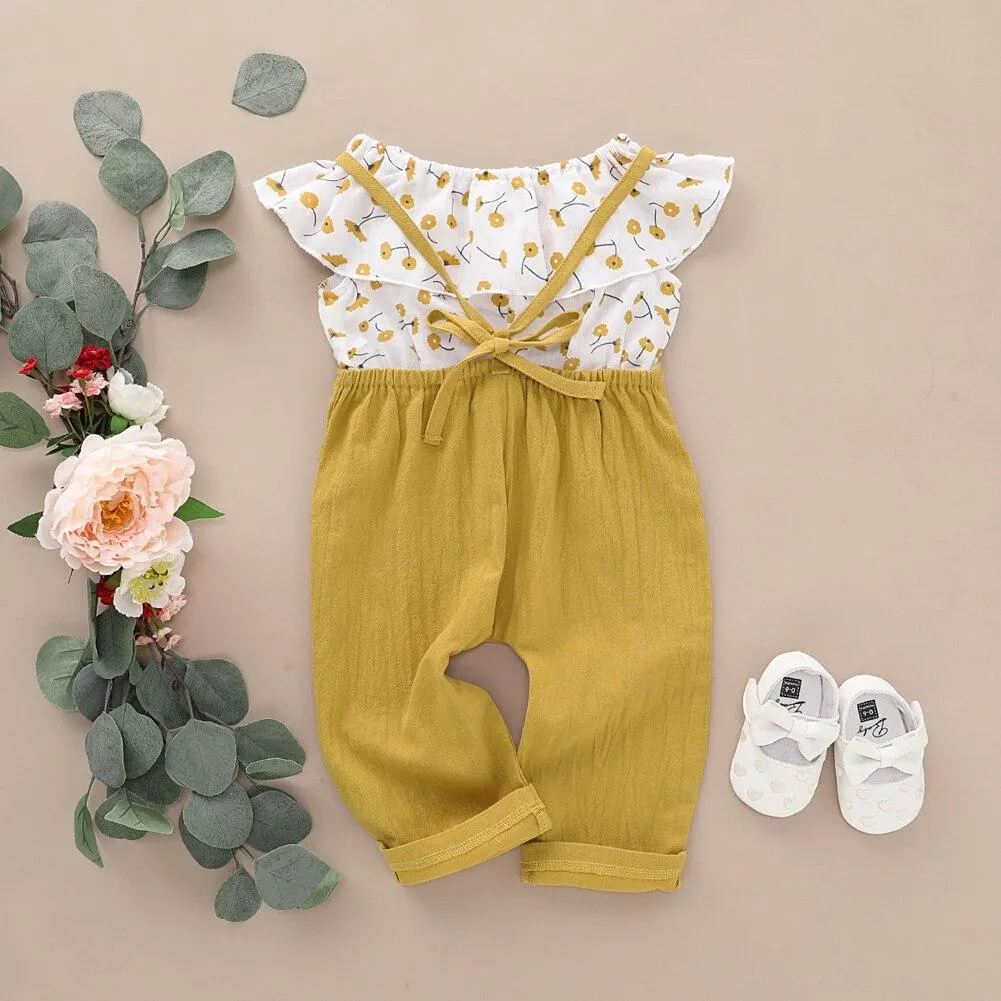 2 Pcs Infant Casual Outfits, Baby Girl Ruffle Off Shoulder Floral Crop Top + Tie Up Solid Color Overalls 1-6T
