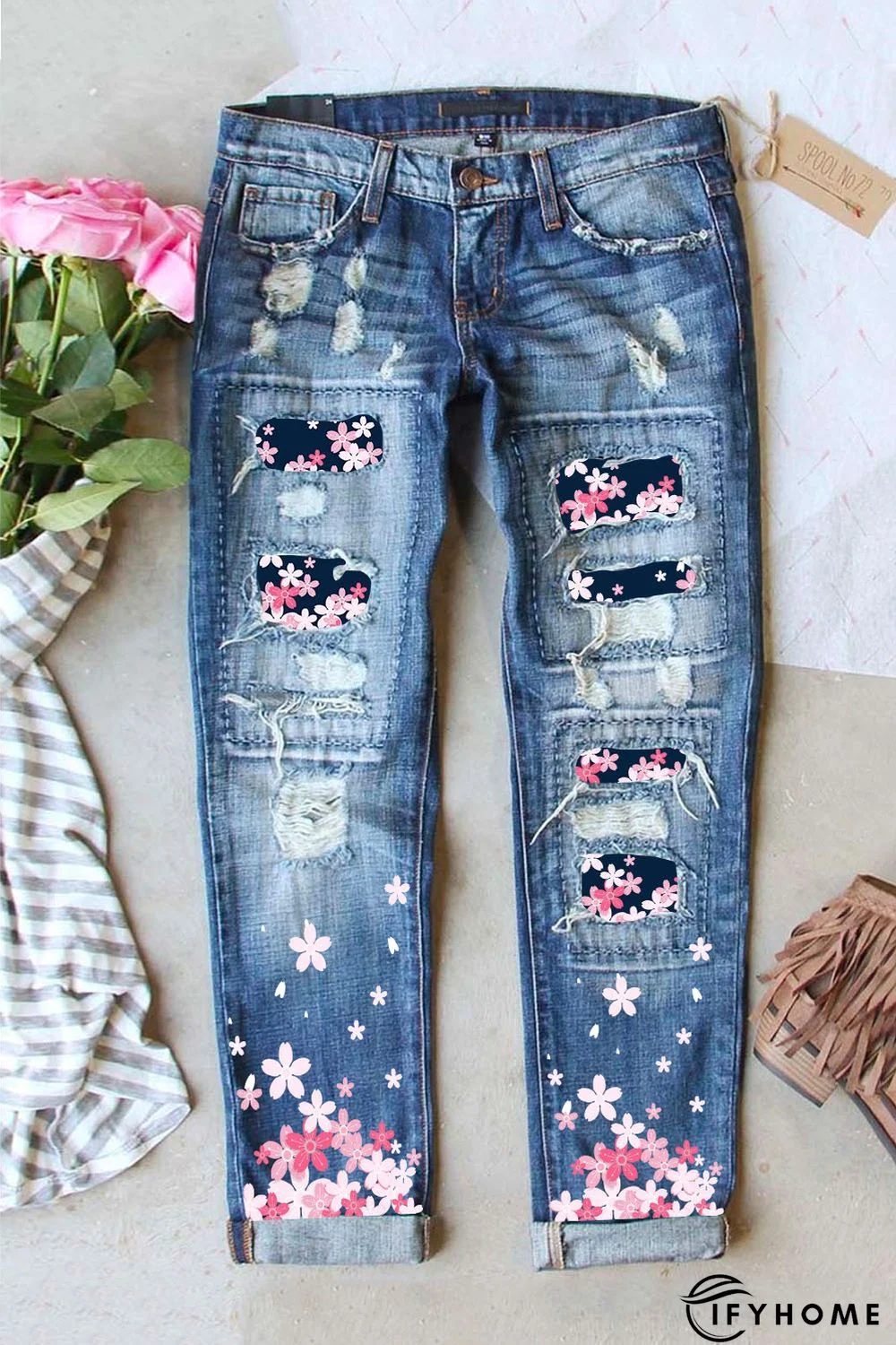 Sky Blue Cherry Blossom Pattern Splicing Mid Waist Distressed Jeans | IFYHOME