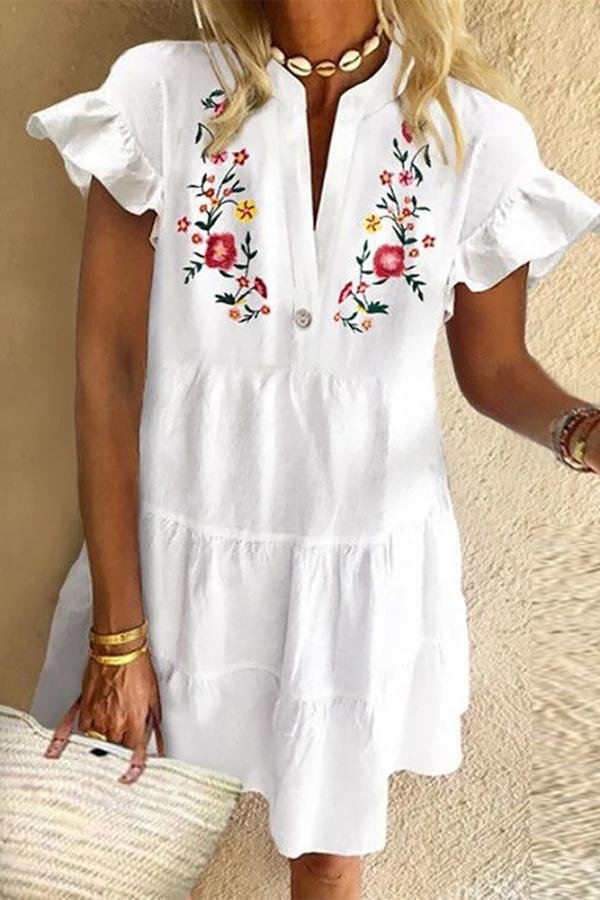 Womens Ethnic White Ruffled Short-sleeved Loose Dress-Allyzone-Allyzone