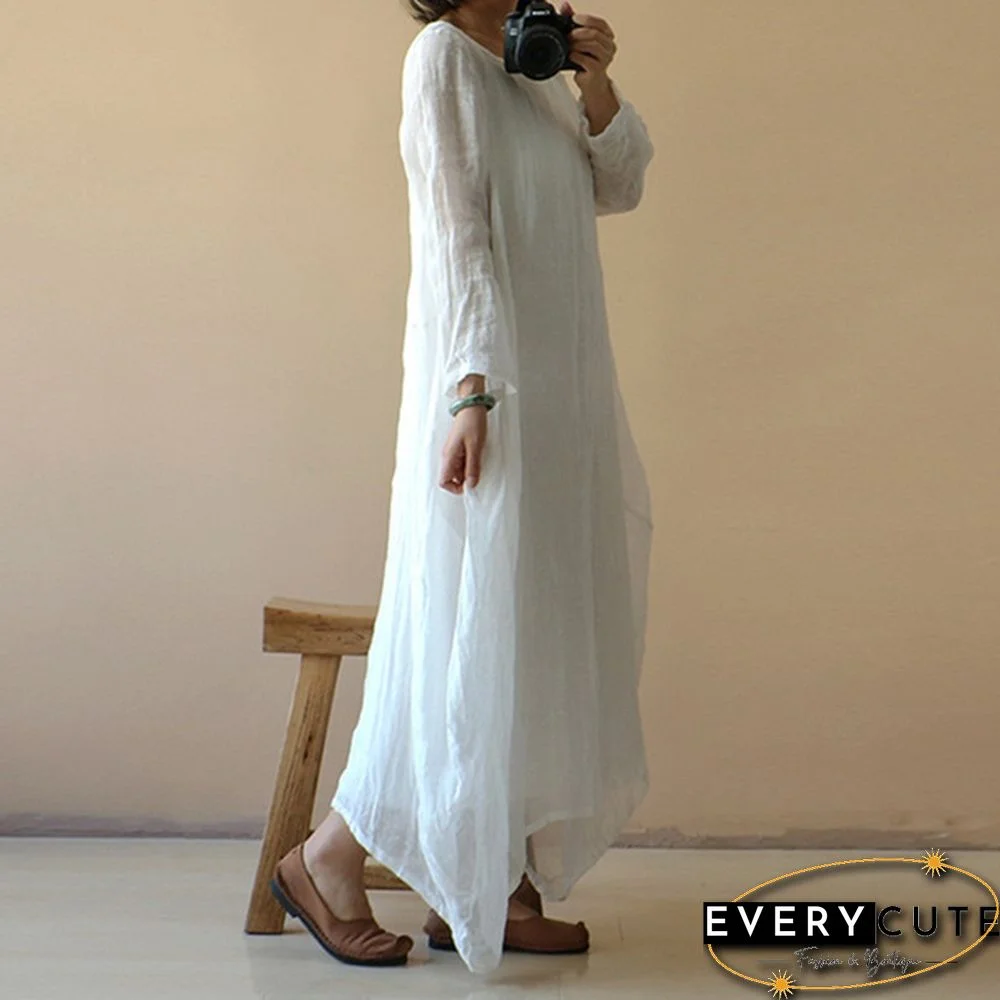Womens Spring Light Comfy Cotton O Neck Solid Long Sleeve Long Shirt Dress Plus Size
