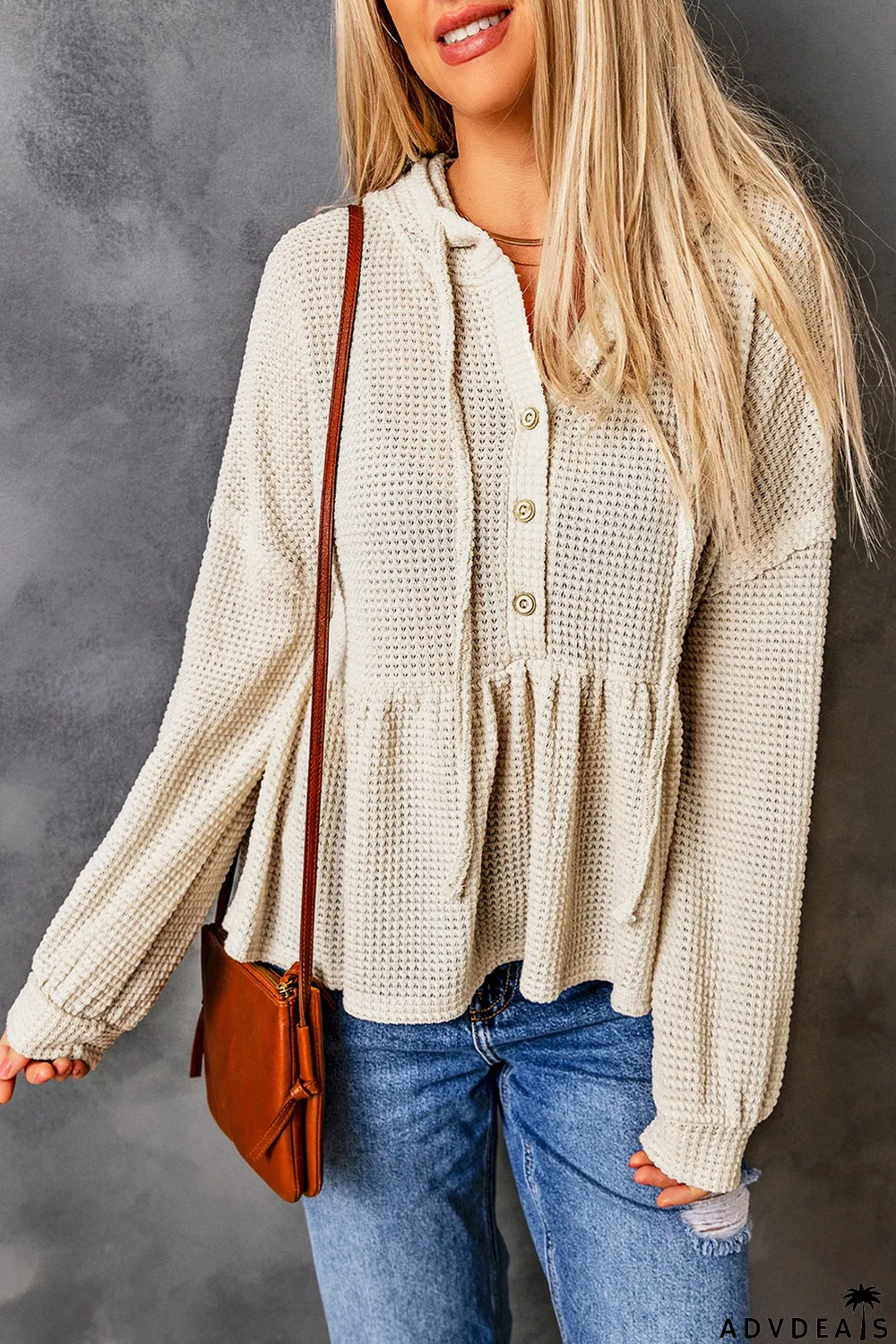 Apricot Waffle Knit Buttons Ruffled Hooded Top