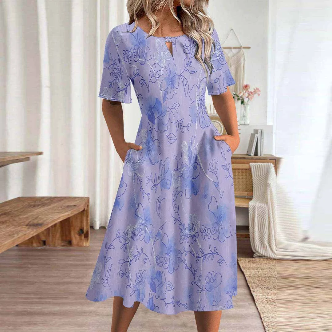 Women Floral,Purple DZHA8310 Short Sleeve Scoop Neck Graphic Printed Hollow Midi Dress