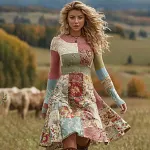 Women's Vintage Patchwork Floral Art Cozy Knit Sweater Dress - Image 2
