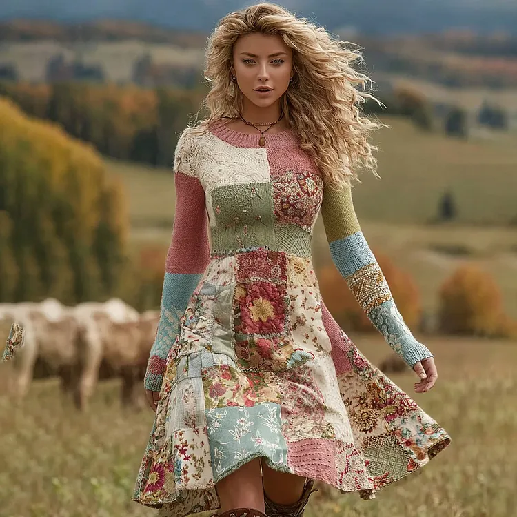 Women's Vintage Patchwork Floral Art Cozy Knit Sweater Dress