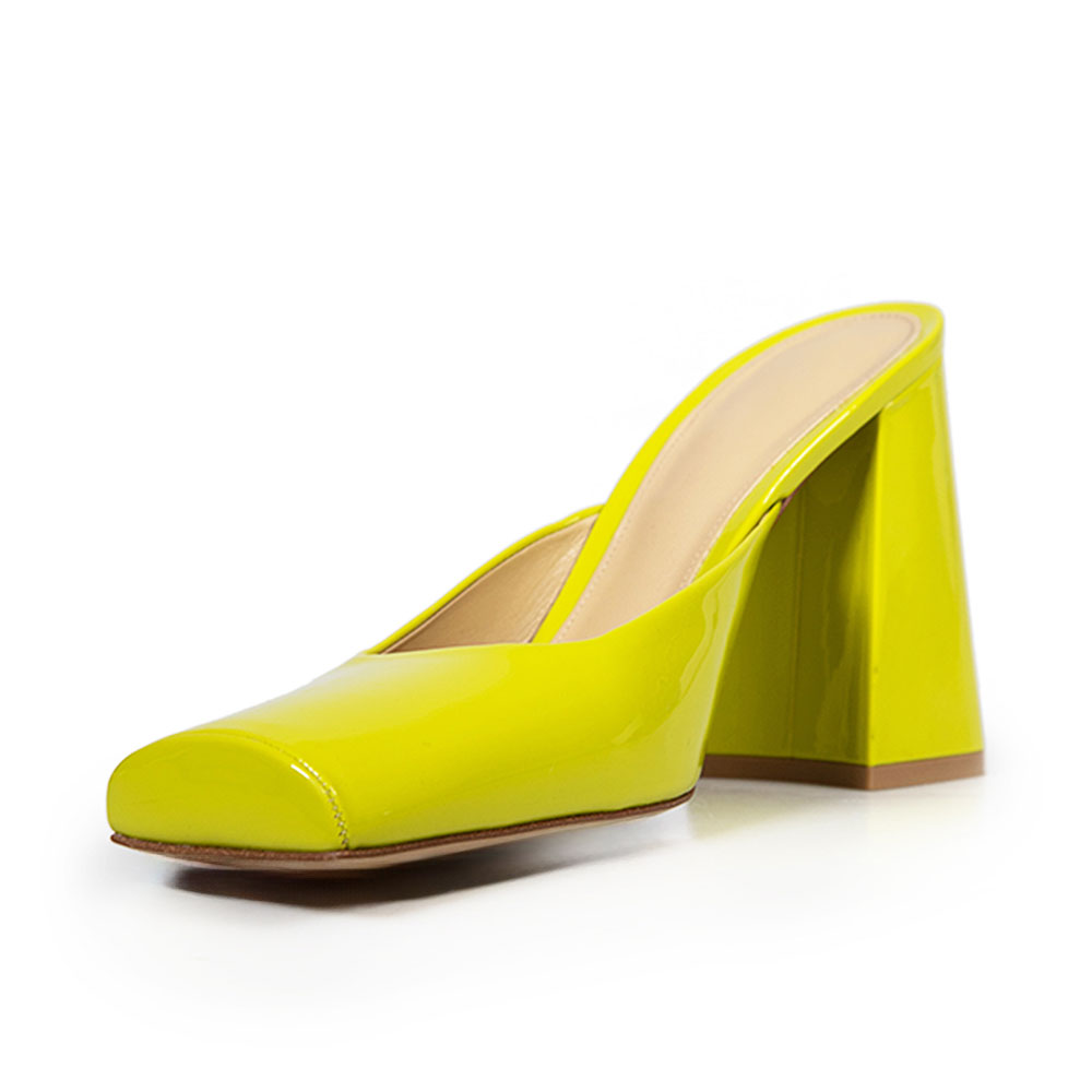Lemon Green Square Toe Chunky High Heel Mules Shoes for Women Nicepairs