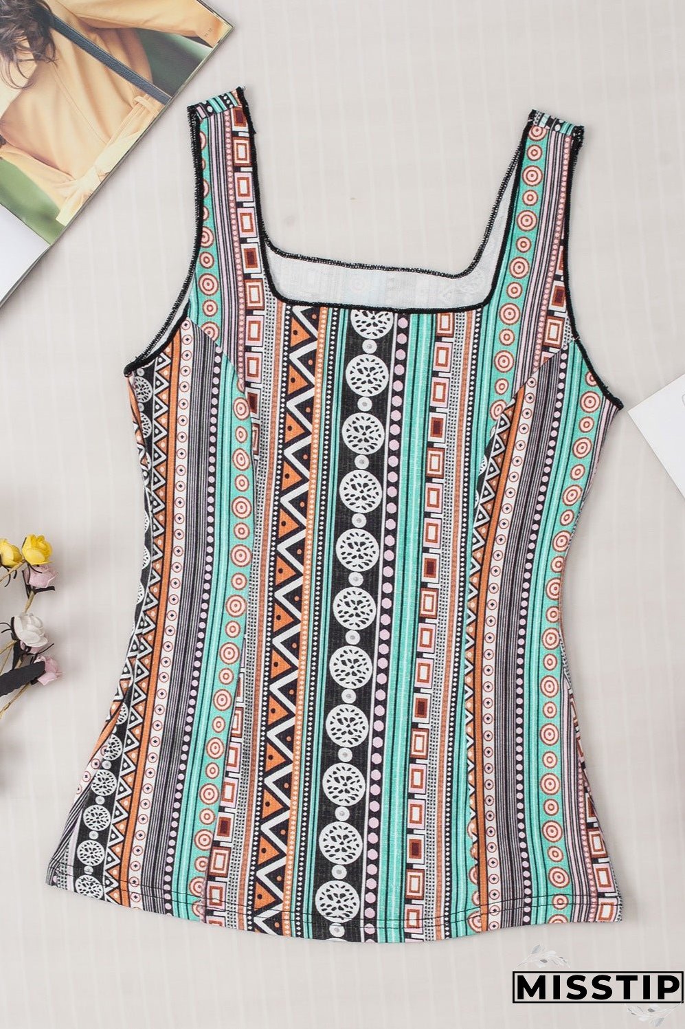 Printed Square Neck Wide Strap Tank