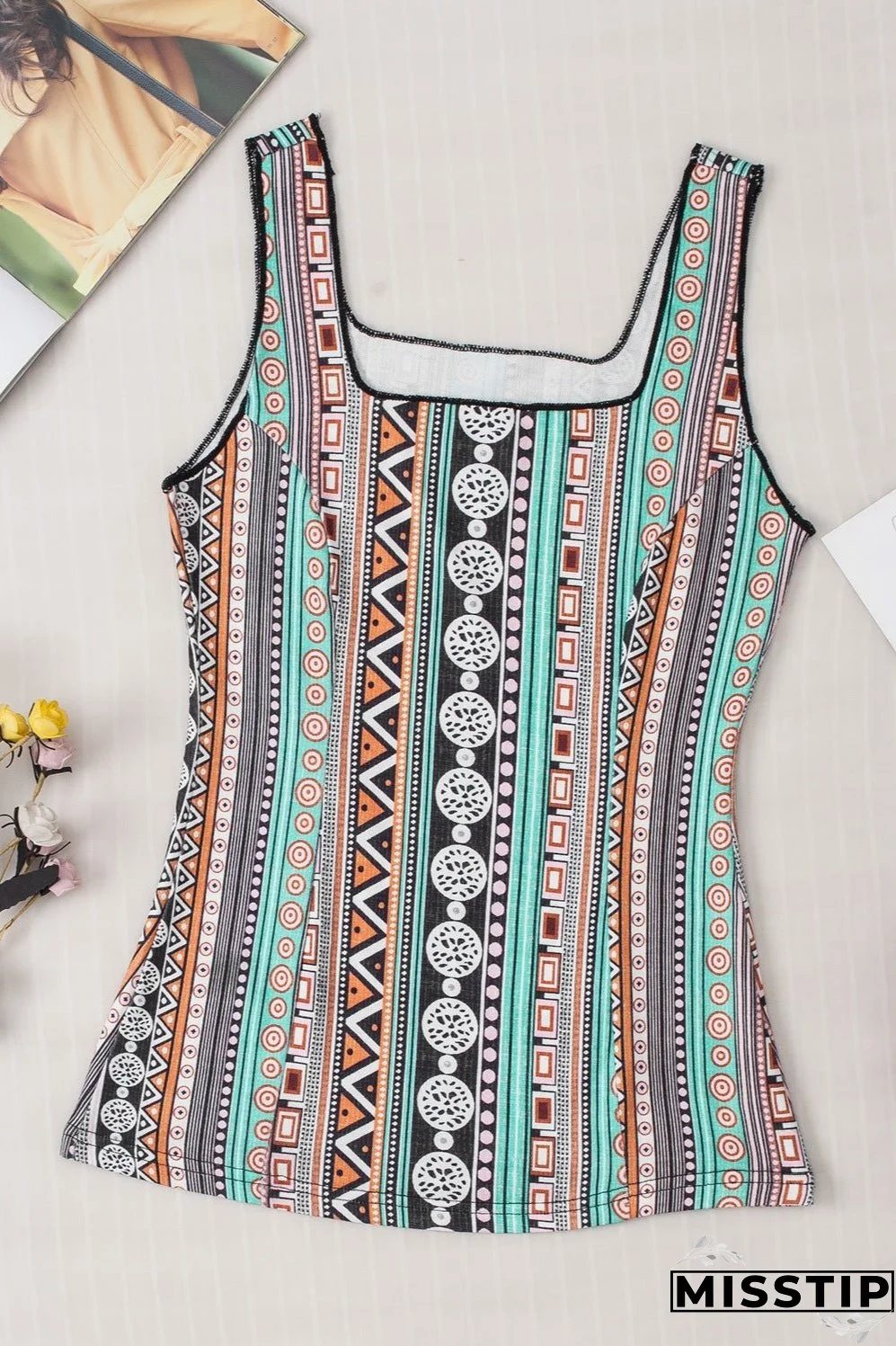 Printed Square Neck Wide Strap Tank