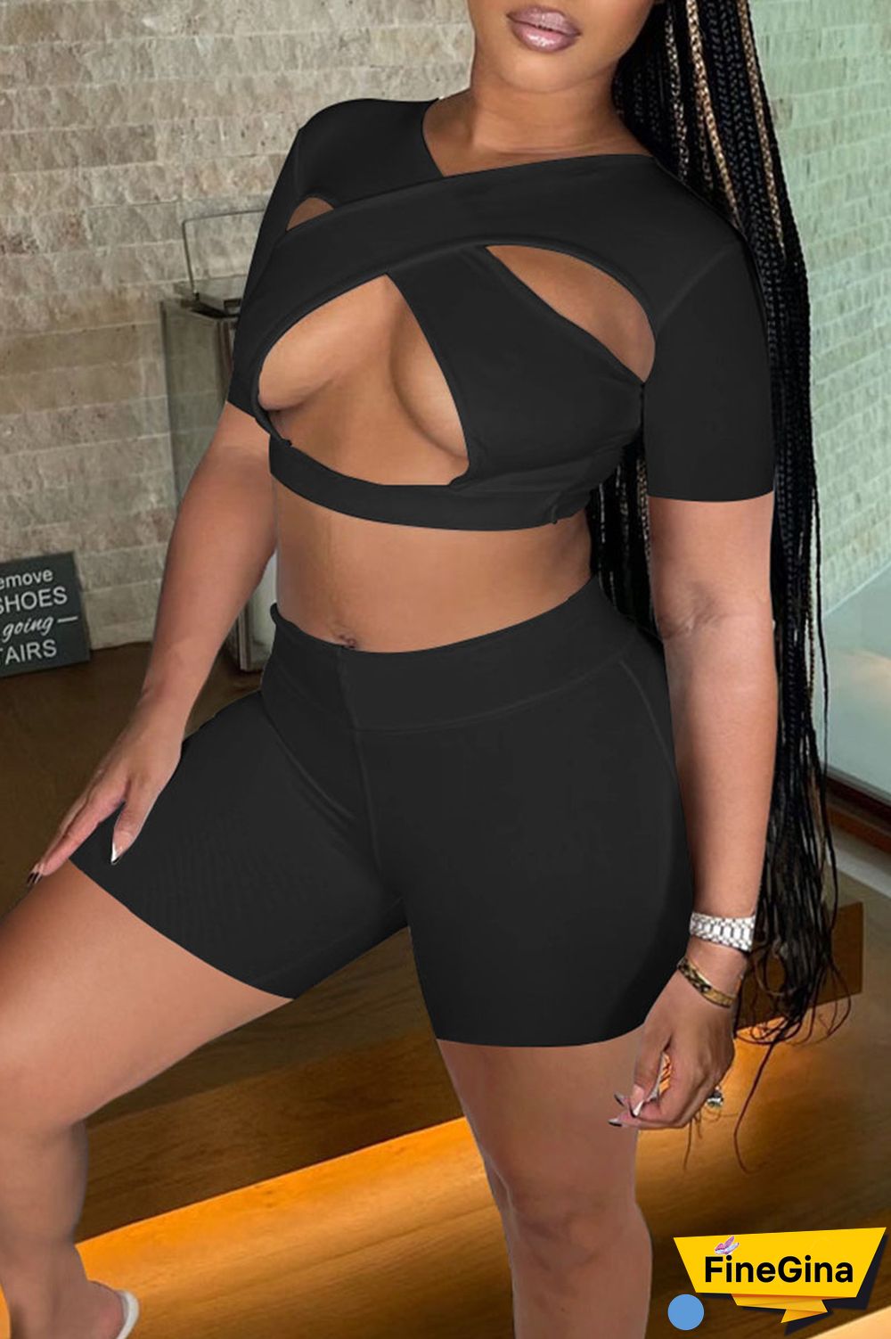 White Sexy Solid Hollowed Out Patchwork V Neck Short Sleeve Two Pieces